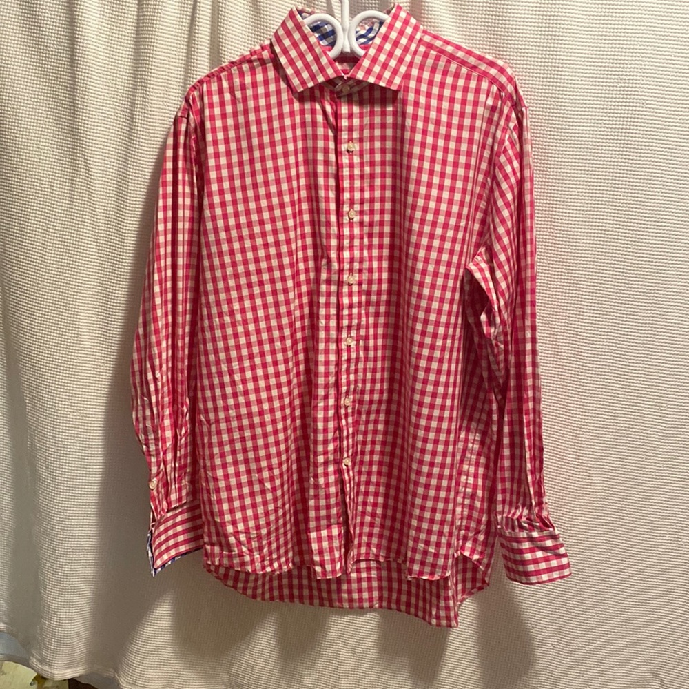 Pink and white plaid long sleeve button down shirt